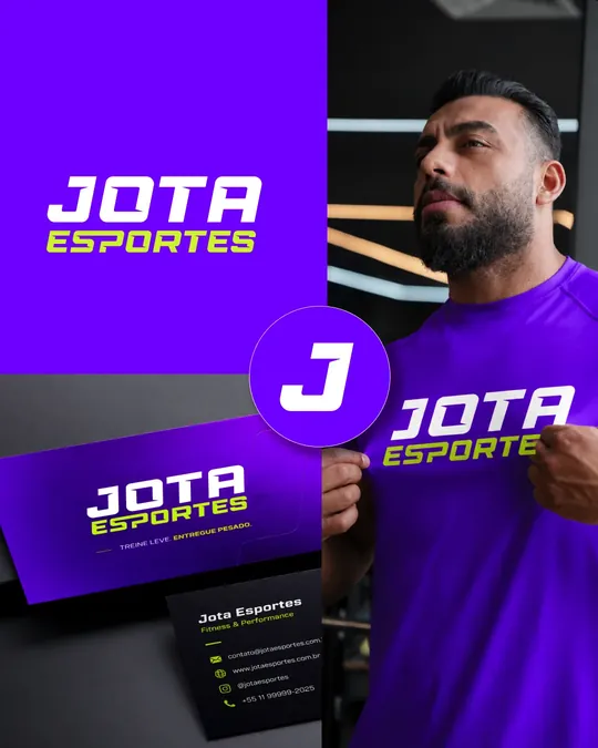 Identidade visual da Jota Esportes: logomarca roxa e verde-limão aplicada no cartão de visita e na camiseta de treino.