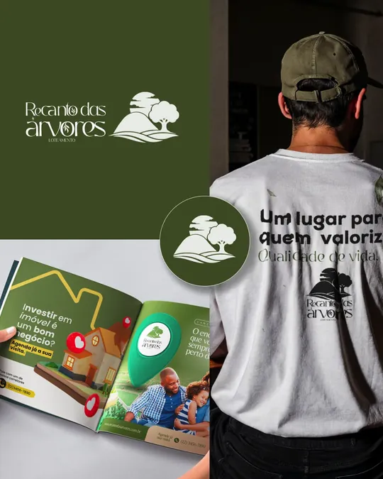 Identidade visual do loteamento Recanto das Árvores: logomarca verde aplicada na revista e na camiseta da equipe.