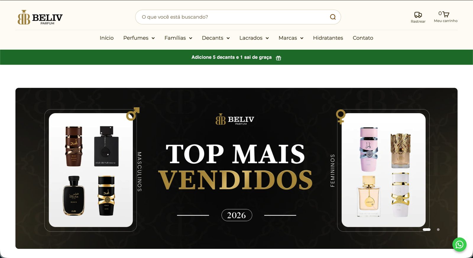 Página inicial da loja Beliv Parfum, com vitrine dos perfumes mais vendidos.
