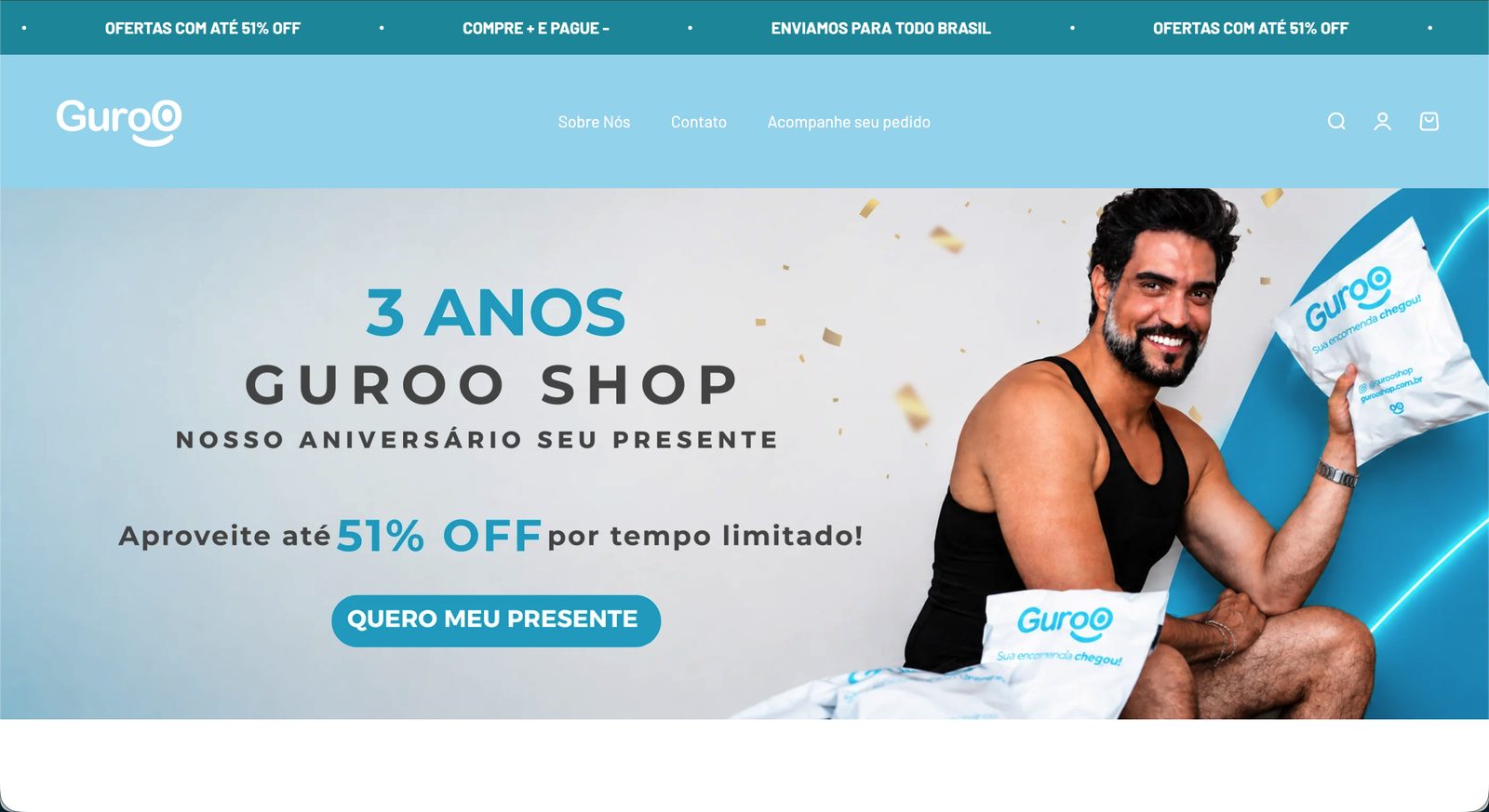 Página inicial da Guroo Shop, com campanha de aniversário de 3 anos da loja.